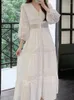 Robes décontractées Blanc Longue Femmes Vintage Boho Dentelle Robe Femme Été Manches Dames Élégant Évider Plage Vacances Robe