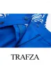 Pantaloni da donna TRAFZA Primavera Donna 2024 Trendy Blu Stampa Tasche a vita alta Pantaloni con cerniera Pantaloni Femminili Stile Bohemian Gamba larga