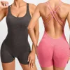 Yoga outfit Yoga kläder med rundade rumpa sömmar smickrande bildar bodysuit shorts inbyggd bh Heather tyg gömmer brister 4 vägs stretch kvinnors outfit