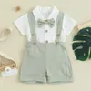Kläder sätter pudcoco småbarn pojke gentleman outfit fast färg korta ärmar romper med fluga och overaller shorts set för formellt slitage
