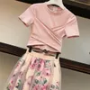 Femmes Survêtements Été Femmes Nouvelle Mode Irregar Cross Bow Tie T-shirt Ajouter Vintage Fleur Imprimer Jupe Fille Lady Deux Pièces Ensembles Gilet Dh1J2