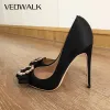 Pumps VeoWalk Rhinestones Bow Women Solid Black Satin Pointy Toe Stiletto Pumps Elegante dames Hoge hak Dress Shoes 8cm 10 cm 12 cm 12 cm