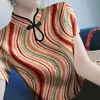 Women Summer Stand Collar Pullover Fashion Artistic Chinese Style Button Printed Leisure Tshirt Short Sleeve Versatile Tops 240323