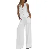 Women's Two Piece Pants Women Suit Set Elegant Cotton Linen With Sleeveless Vest Wide Leg For Office Casual Wear In
