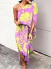 Diagonal Shoulder Dress Tie Dyed Long Skirt Neckline Sexy Girl Spring Summer Loose Waist Female Clothing Wear Printed Pullover 240322