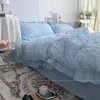 Ins tjej blå fast färg seersucker ruffles spets sängkläder set kawaii quilt cover mjuk ark kvinna täcke kudde täcker 240326