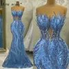 Abiti da festa Moda africana Blu lungo scintillante Sirena da sera Glitter Cristalli Occasioni formali Abiti da sposa corsetto da donna