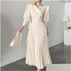 Abiti casual di base Manica lunga Vita alta Primavera Lusso Autunno Donna Abito plissettato Donna A-Line Party Elegante Vintage Maxi Per Wome Dhzrc