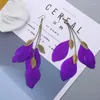Boucles d'oreilles pendantes Boho longue chaîne frange bleu violet plume femme ethnique couleur or feuille en alliage
