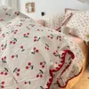INS Girls Cherry Bedding Set Soft Washed Cotton Bed Sheet Queen King Size Simple Quilt Cover Pillowcase Bed Linens 240320