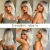 Perucas ombre ombre marrom loira sintética perucas onduladas curtas wavy wig para mulheres com franja onda corporal cosplay lolita natural pêlos resistentes ao calor