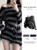 Women's Sweaters Grey Striped Gothi Women Ripped Holes Loose Knitted Pullover Frayed Fairy Grunge Jumpers Emo Streetwear Lolita