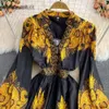 Mini robe imprimée jaune pour femmes, Sexy, col en v, simple boutonnage, manches longues bouffantes, taille haute, ligne a, tenue de soirée, automne 2022