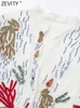 Zevity femmes Vintage col montant broderie florale côté fendu robe chemise mi-longue femme Chic simple boutonnage robes DS4090 240319