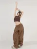 Women Y2K Hip Hop Paratrooper Spodnie Brown Długie taniec Jazz Spitspants Owwrotne spodnie Sznurka klimat Long Worbgy Cargo Pants 240322