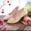 ポンプVeowalk Women Jacquard Fabric 4cm Medium Heel Shoes Ladies Embroidered先の先の尖ったつま先スリップ