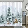 Shower Curtains Funny Cartoon Elk Santa Claus Curtain Red Xmas Balls Fir Branches Year Christmas Bath Fabric Bathroom Decor