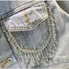 Kvinnans jackor 2024 Spring Denim Jacket Korean Paljett Tassel Jeans Coats Heavy Duty Industrial Diamond Short Sleeve