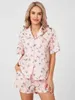 Femmes Survêtements Femmes Pyjamas Ensemble Short Et Haut Dessin Animé Mignon Imprimé Floral Manches Courtes Chemise Boutonnée 2 Pièces Jammies Loungewear