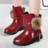 Nieuwe Winter Girls Boots Real Fur Ball Pu Leather Kids Snow Boots Warm pluche sneakers Kinderschoenen