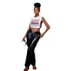 Jeans Femme Pantalons en PU Taille Haute Pantalon Droit Streetwear Tendance Casual Cuir Mode Salopette 3D Poches élastiques en V Profond