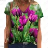 Kvinnors T-skjortor Elegant kort ärm V-Neck Casual Large Flower Mönster T-shirt 2024 Säljer Street 3D-tryckning