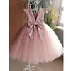 Летнее тюлевое платье с цветочным узором для девочек на день рождения, свадебное платье с бантом на спине, детское праздничное платье, розовое платье принцессы, платье с бантом для маленьких девочек 240402