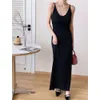 The Row Summer Lazy and Relaxing Feeling U Neck Covering Double Breast Waist Closing Ice Silk A-line Skirt with Hanging Strap Dress Long Dress for Women