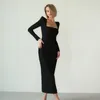 Abiti casual Primavera Elegante Nero Aderente Collo quadrato Partito Donna Autunno Manica lunga Abito Split Solido Abito da sera sexy 2024 Vestido