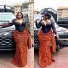 Vestidos de festa preto e laranja plus size baile renda apliques sheer mangas compridas vestidos de noite mulheres africanas sereia vestido formal