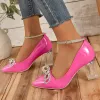 Pumps Crystals Bowknot Strips 7cm Transparent Square Pumps Women Shoes Ankle Strap Chunky Heel Fashion Patent Leather Super Size 3048