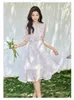 Partykleider VIMLY Fairycore Lila Blumen für Frauen 2024 Französisch Elegante Kurzarm Damen Süße bedruckte Chiffon Sommerkleid