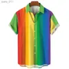Camisas casuais masculinas camisa masculina camisa arco -íris de manga curta de manga curta moda simples de alta qualidade masculina camisa de grande tamanho grande camisa havaiana 240402