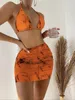 3 stycken thong bikini set med kjol marmor textur baddräkt kvinnor baddräkt set kvinnlig badkläder strandkläder simning sommar 240327