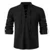 Mens V-neck shirt T-shirt Fashion Long Sleeve Top men Casual Breathable Front Lace Up man Shirts 240325