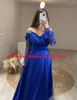 Vestidos de fiesta elegantes de color azul real con hombros descubiertos, vestido de novia largo de satén plisado con lentejuelas brillantes para mujer 2024