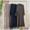 Abbigliamento etnico Kimono manica pizzo ricamo cardigan abito cerniera aperta Abaya caftano Jilbab abito donna musulmano islamico outwear Eid Dro Dhxf7