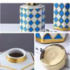 Frascos de armazenamento pintados com padrão quadriculado, jarra de cerâmica dourada, frascos hexagonais com tampas, decoração de mesa, potes de doces e chá