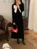 Casual Dresses Alien Kitty Velvet Black Maxi Slim Dress Women Vintage Elegant Spring Party Chic 2024 Full Sleeve Office Lady Bow Sweet