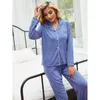 Home Kleidung Freizeit Langarm Blau Top Pyjamas Bademäntel Für Frauen Haus Anzug Schlafen Weibliche 2 Stück Sets S M L XL Hosen