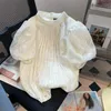 Blouses Femmes Duofan Français Chemises à col debout Femmes Summer Lace Design Feel Blusas Lady Bubble Sleeve Top à manches courtes