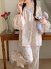 Home Clothing Cartoon Lace Print Sweet Cute Spring Korean Long Sleeve Pajama Set Women Loose Elegant Sleepwear Bow Tie Comfortable Ins
