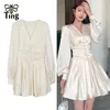 Vestidos casuais tingfly senhora menina bonito cor sólida lanterna manga primavera verão uma linha mini curto v pescoço rua