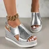 Gold Silver Pu Leather Wedge Sandals for Women Summer Peep Toe Platform Sandles Woman Plus Size Thick Sole Sandalias Mujer 240311