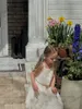 Conjuntos de roupas bordadas florais para meninas de verão, suspensórios, saia de cintura elástica, 2 peças, roupas de princesa para crianças z7473