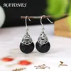 Boucles d'oreilles pendantes en argent Sterling S925 pour femmes, rétro, Agate noire, ethnique thaïlandaise, crochets d'oreille en grès bleu