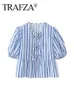 Kvinnors blusar Trafza 2024 Casual Sweet Shirts For Women Spring Short Hidees Puff Round Neck Elegant Bow Tie Fashion Blue
