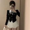 Work Dresses Black coat early autumn short slim fit long sleeved college style white high waisted pleated skirt two-piece set