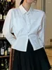 Kvinnors blusar franska ren färg i kombination med unika fickor för minimalistisk kontor mode blå skjorta singelbröst smal