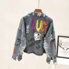 Womens Graffiti Denim Jacket Frayed Raw Cut Rivet Fringe Jean Coat Female Outwear Short Street Fashion Spring Autumn 240322